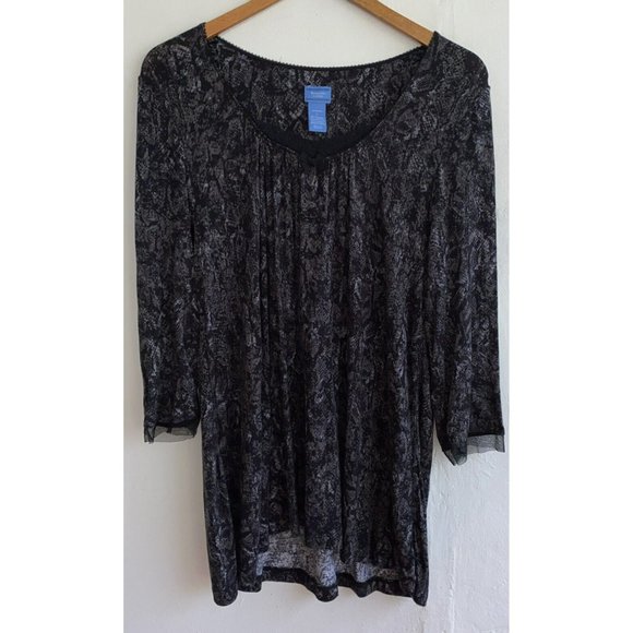 COPY - Simply Vera Wang Blouse Large Black Grey Snake Print Lace Trim 3/4" Slee… - Picture 1 of 10
